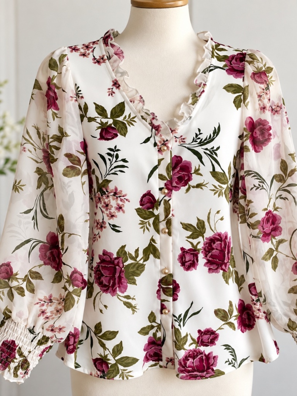 Perception Concept Floral Blouse Women’s Size S Sheer Chiffon Sleeves Stretch